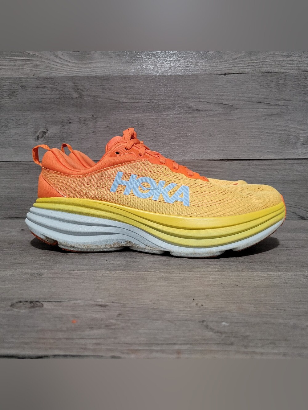 Hoka One One Bondi 8 Mens Size 11.5 Orange Yellow Running Shoes